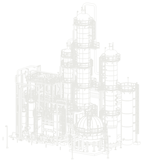 Line drawing of a gas processing plant with columns and pipe racks