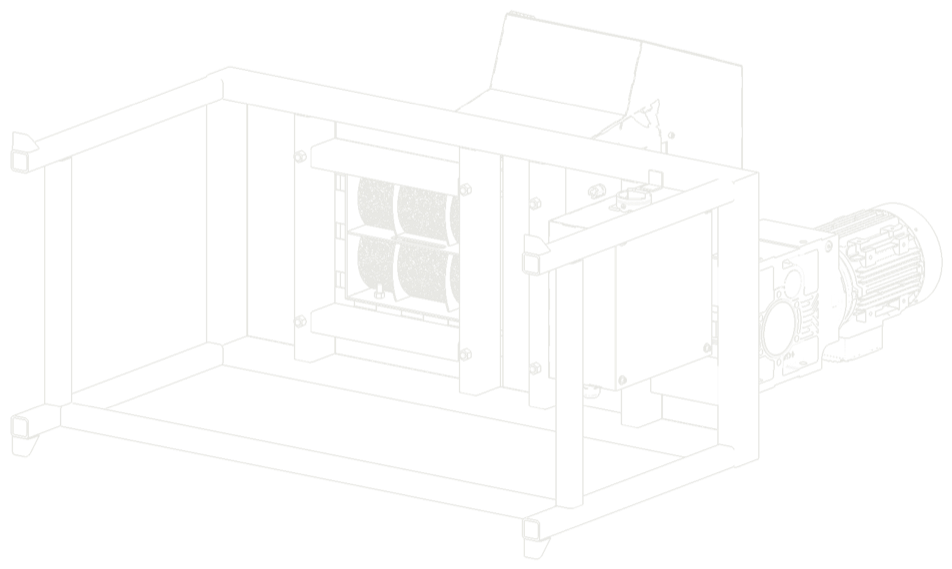 Line drawing of an industrial shredder on its frame